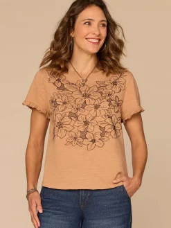 Short Ruffle Edge Sleeve Crew Neck Floral Embroidered Petite Knit Top