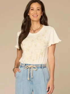 Short Ruffle Sleeve Crew Neck Floral Embroidered Petite Knit Top