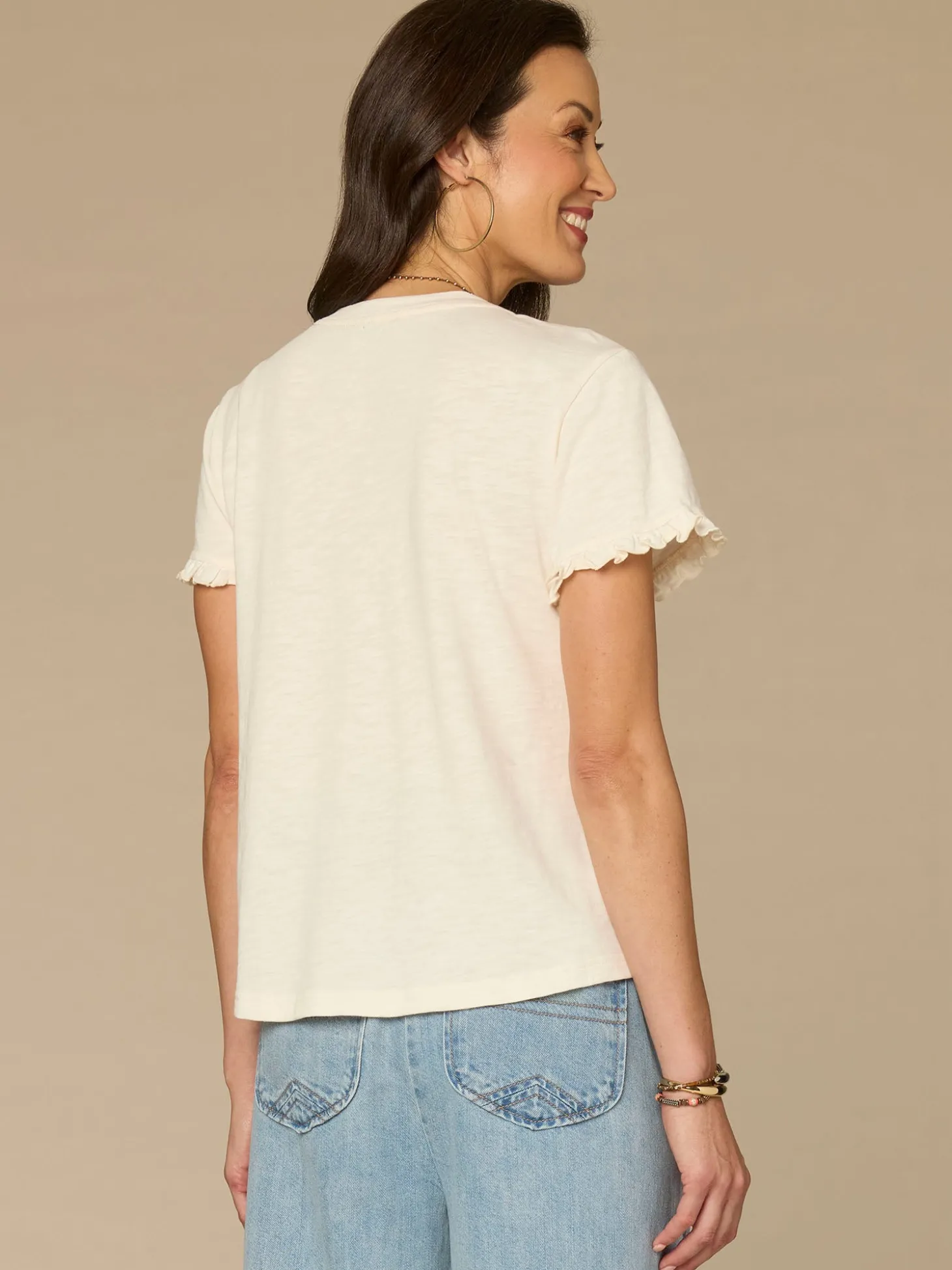 Short Ruffle Sleeve Crew Neck Floral Embroidered Knit Top