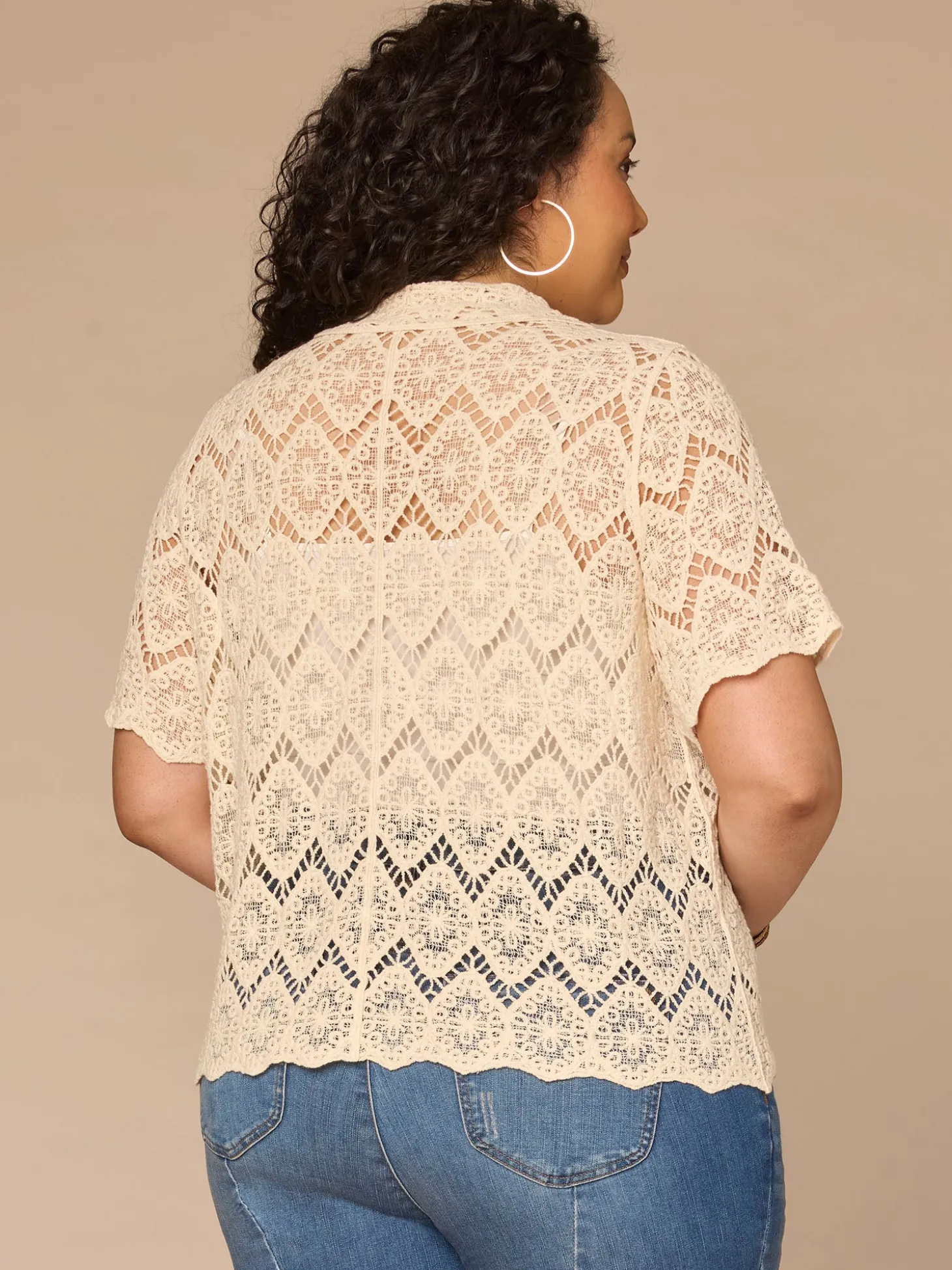 Short Sleeve Collared Button Down All-Over Crochet Plus Size Woven Top