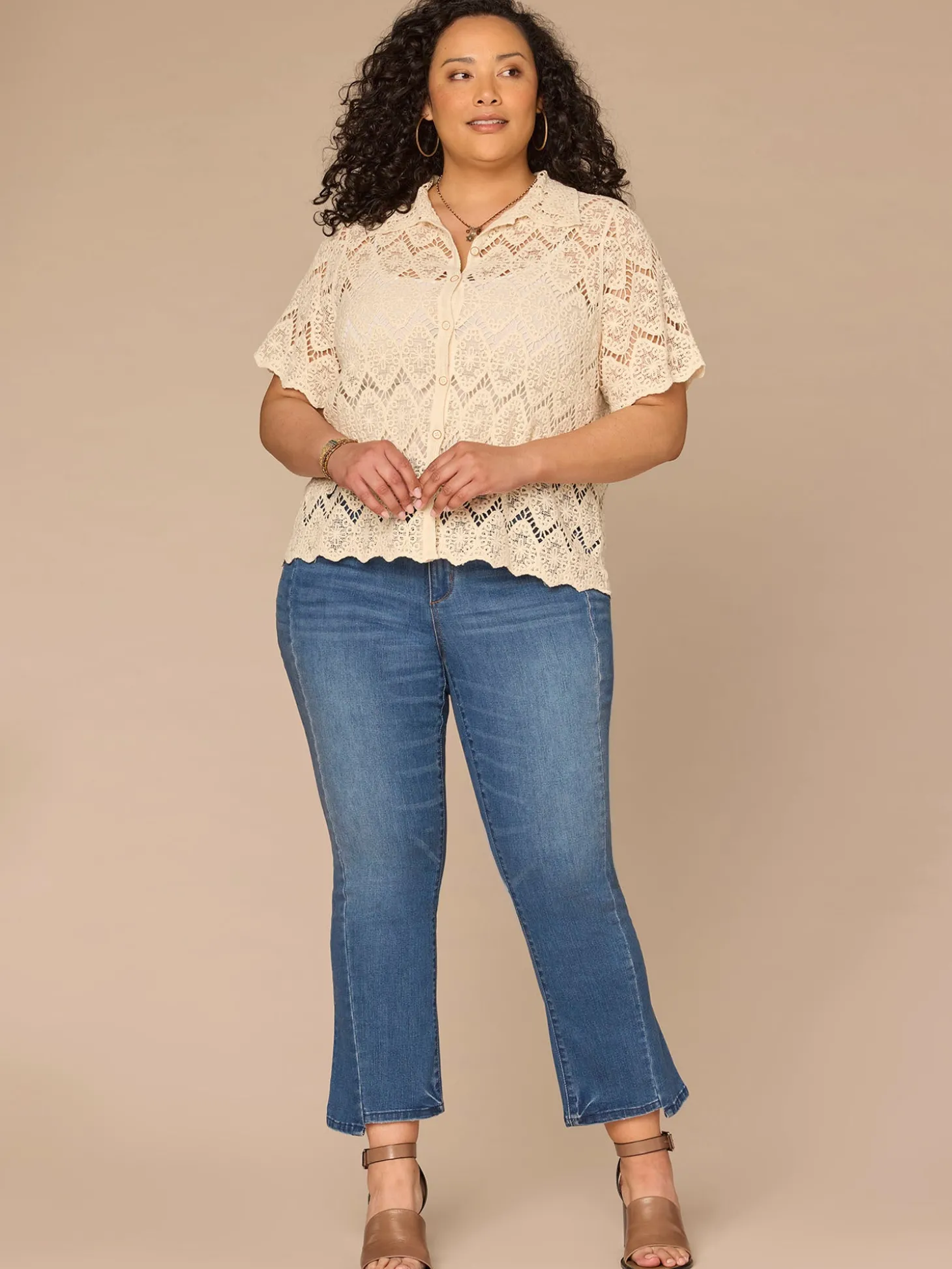 Short Sleeve Collared Button Down All-Over Crochet Plus Size Woven Top