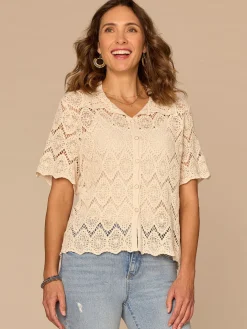 Short Sleeve Collared Button Down All-Over Crochet Petite Woven Top