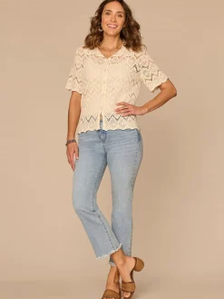 Short Sleeve Collared Button Down All-Over Crochet Petite Woven Top