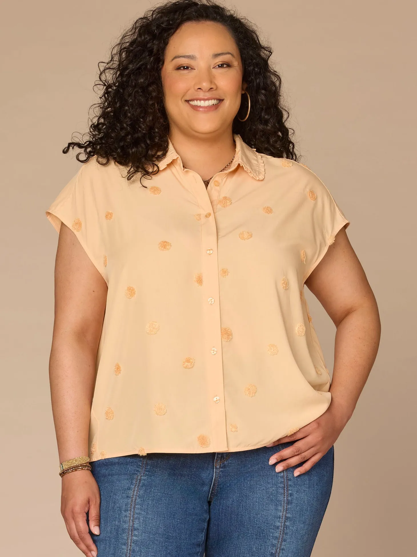 Short Sleeve Collared Button Down Textured Dot Plus Size Woven Top