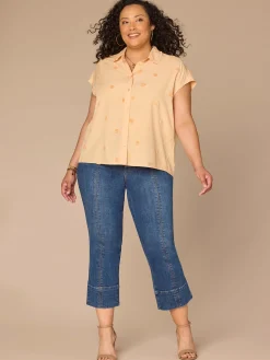 Short Sleeve Collared Button Down Textured Dot Plus Size Woven Top