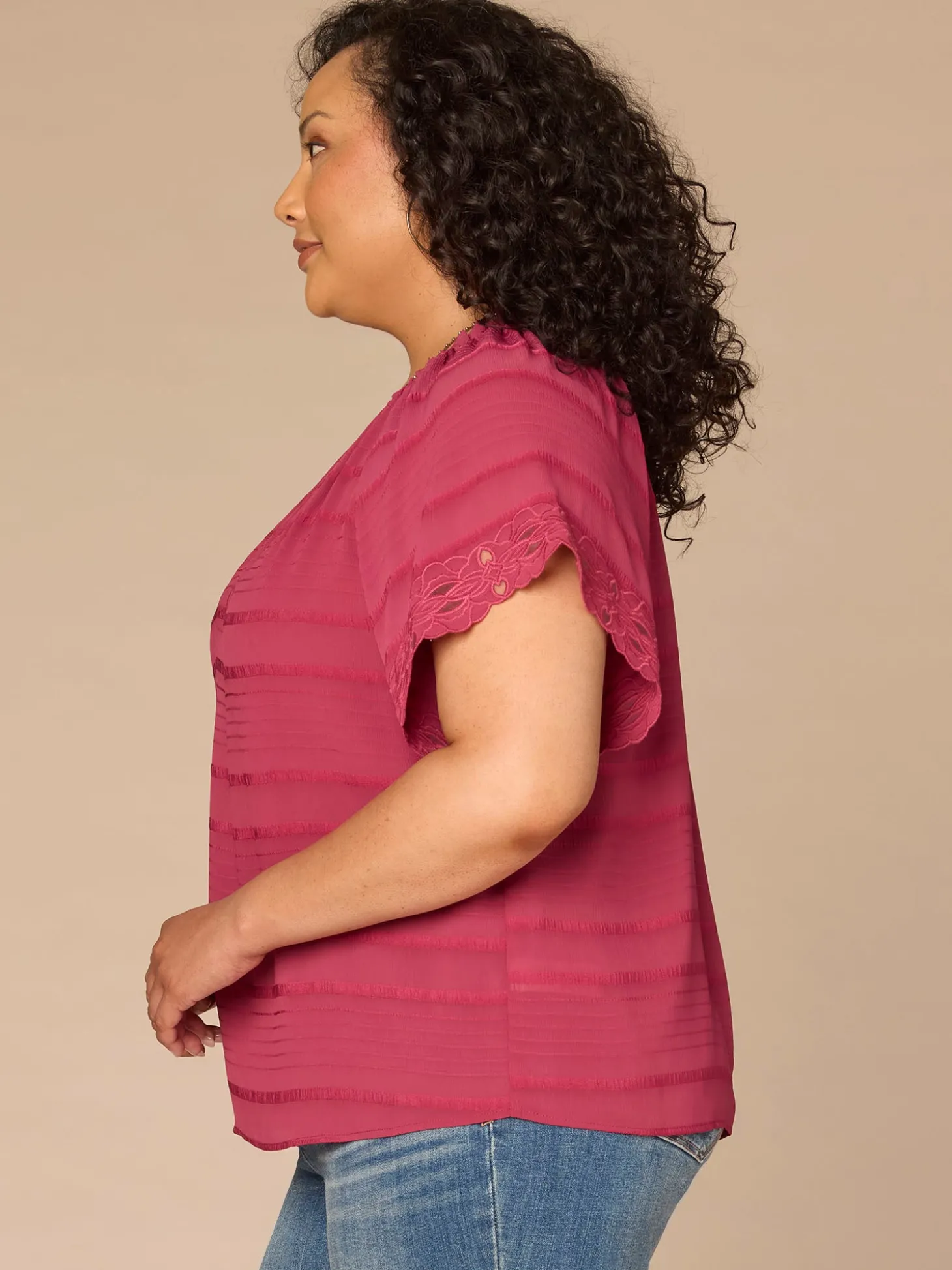 Short Sleeve Ruffle Split Neck Embroidered Plus Size Woven Top
