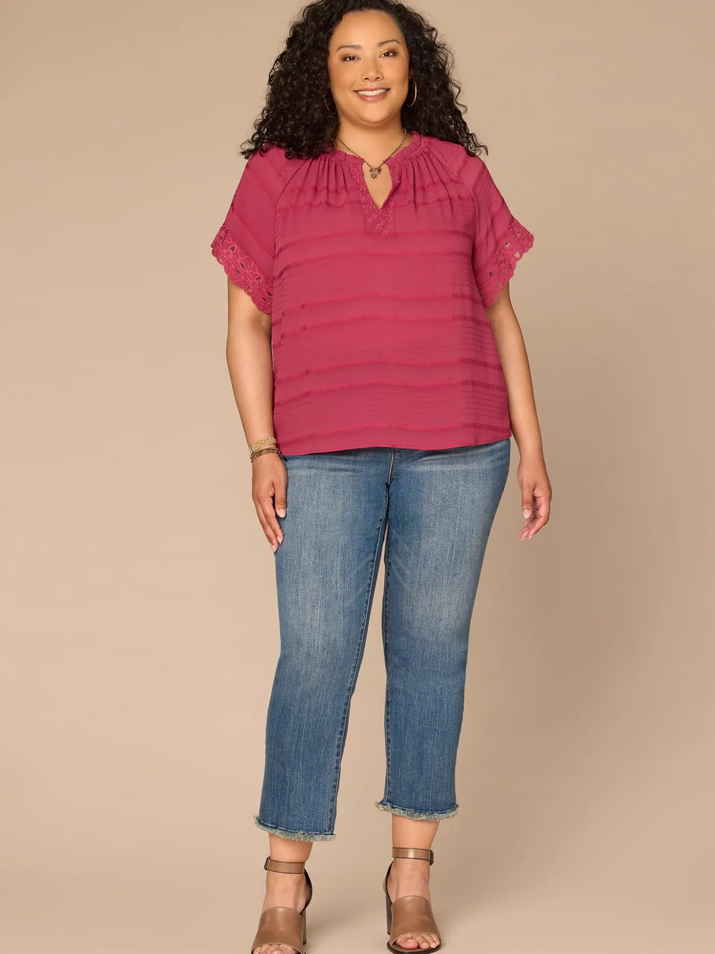 Short Sleeve Ruffle Split Neck Embroidered Plus Size Woven Top