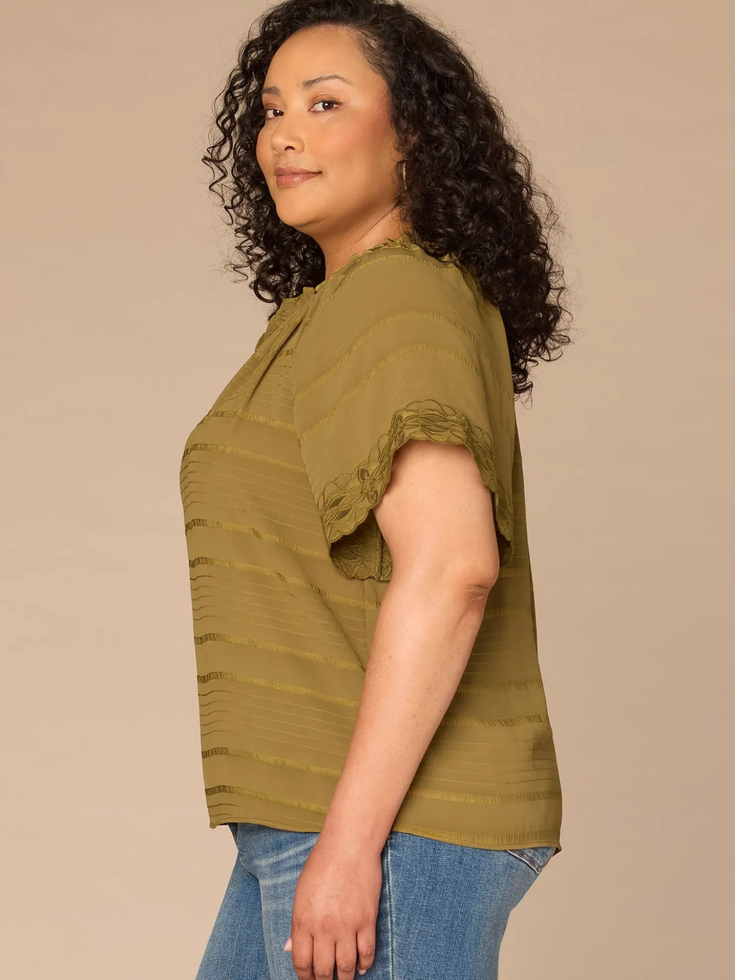 Short Sleeve Ruffle Split Neck Embroidered Plus Size Woven Top