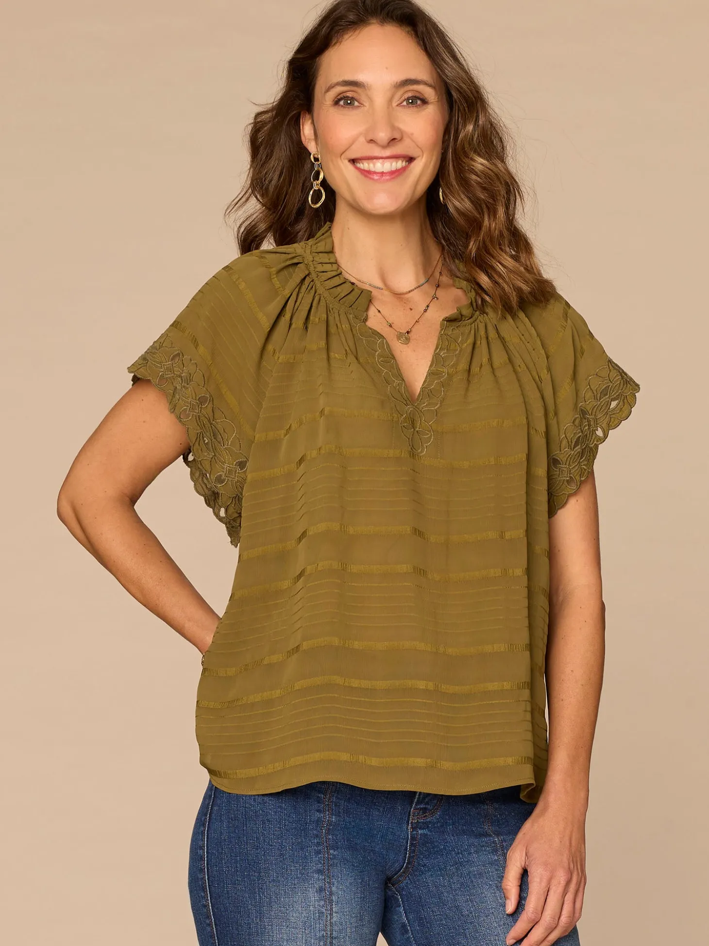 Short Sleeve Ruffle Split Neck Embroidered Petite Woven Top
