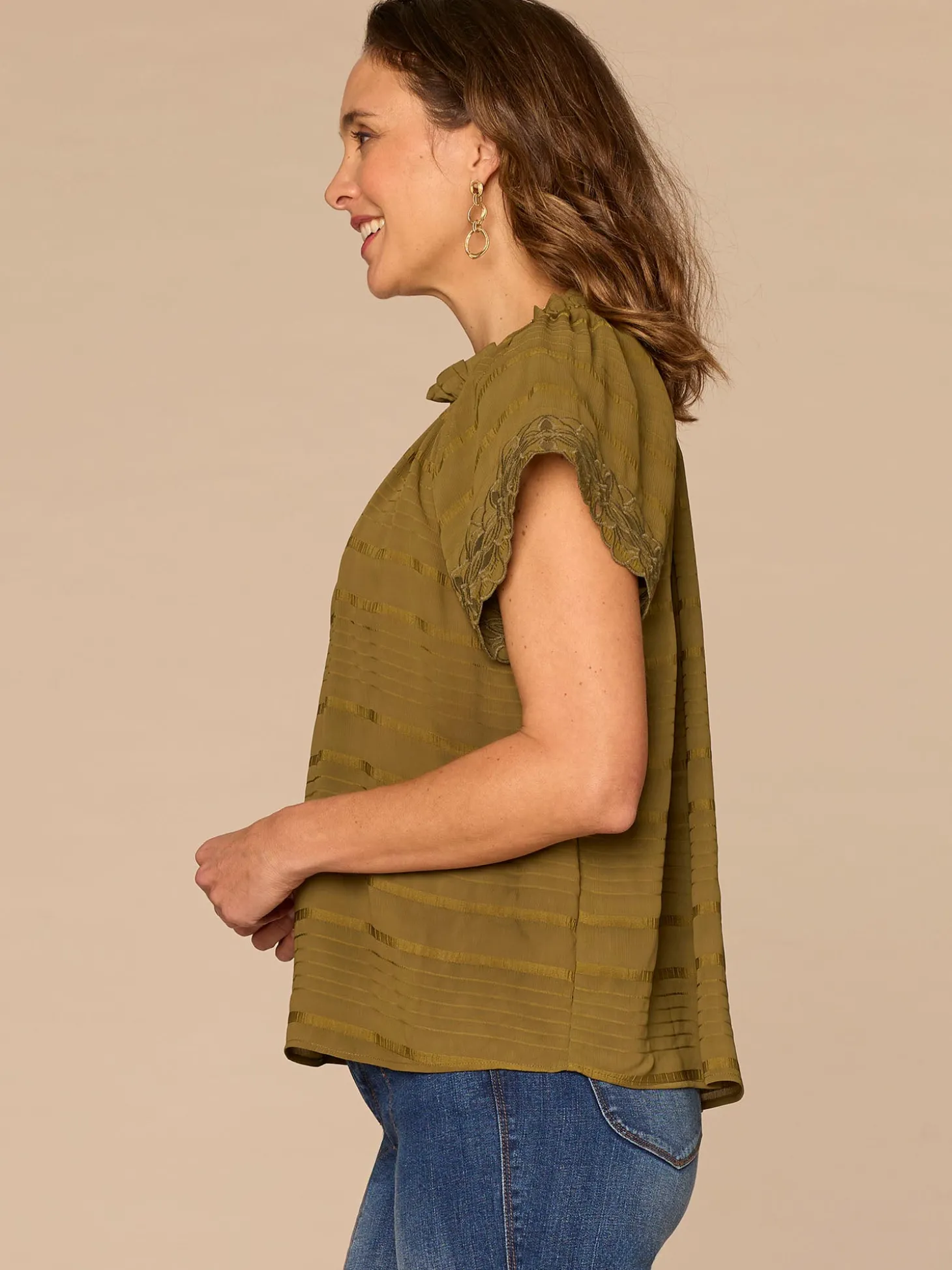 Short Sleeve Ruffle Split Neck Embroidered Petite Woven Top