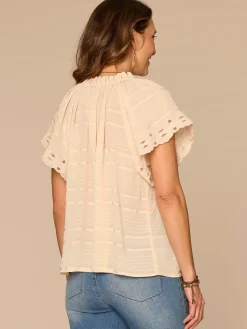 Short Sleeve Ruffle Split Neck Embroidered Petite Woven Top