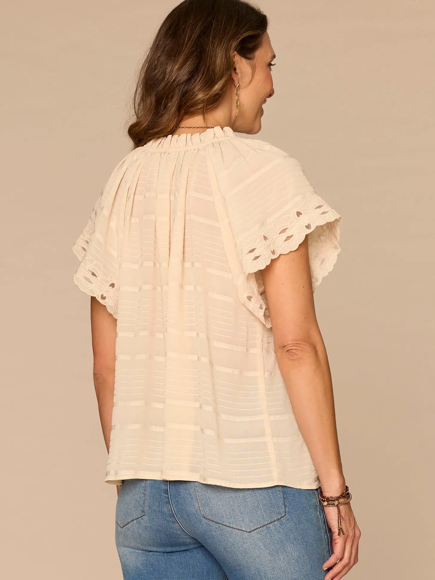 Short Sleeve Ruffle Split Neck Embroidered Petite Woven Top