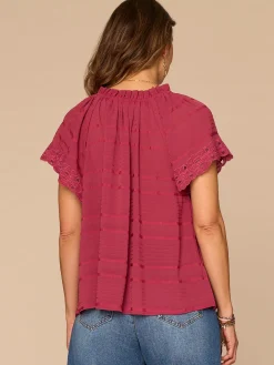Short Sleeve Ruffle Split Neck Embroidered Petite Woven Top