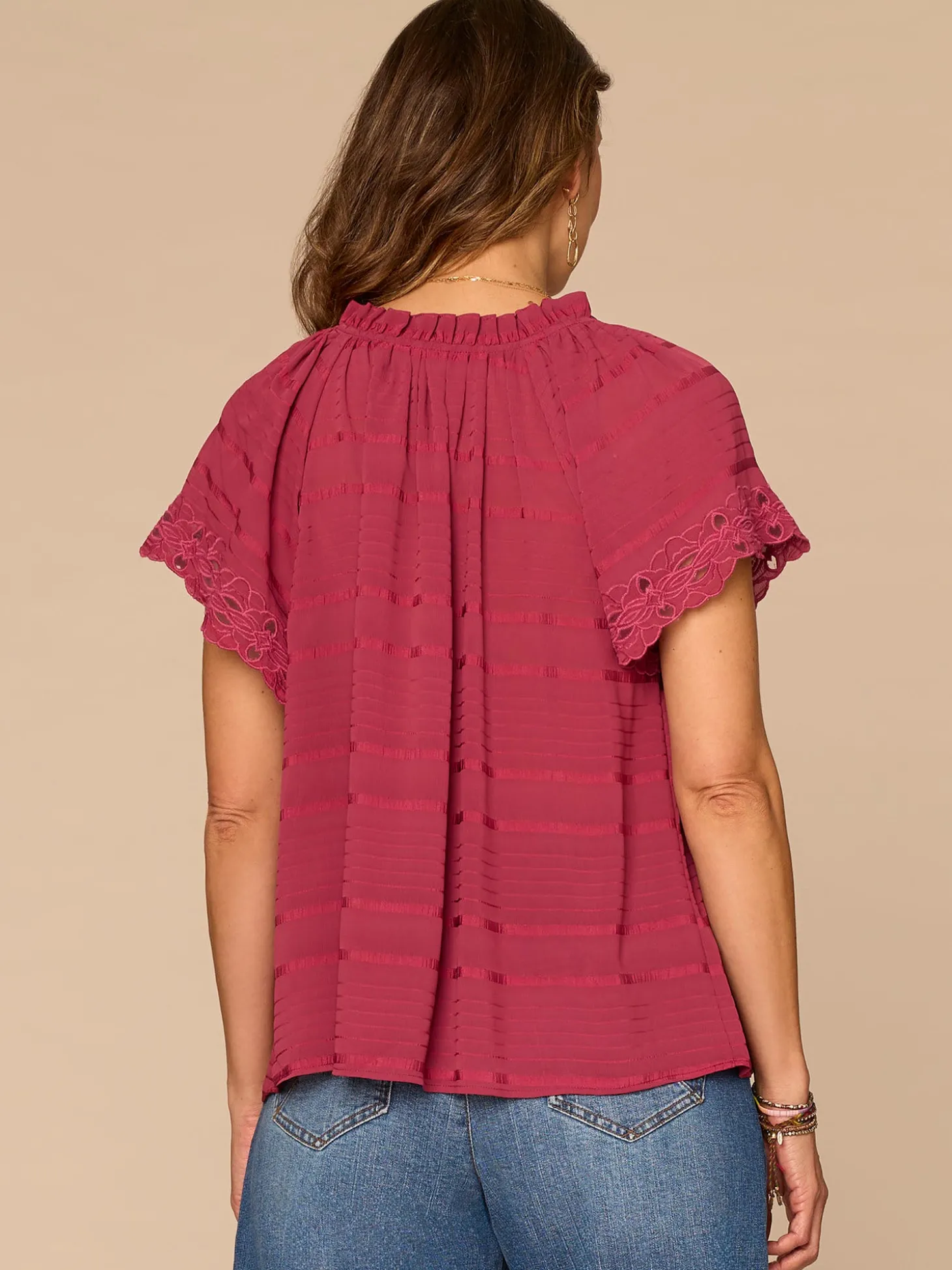 Short Sleeve Ruffle Split Neck Embroidered Petite Woven Top