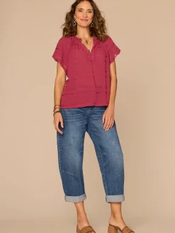 Short Sleeve Ruffle Split Neck Embroidered Petite Woven Top