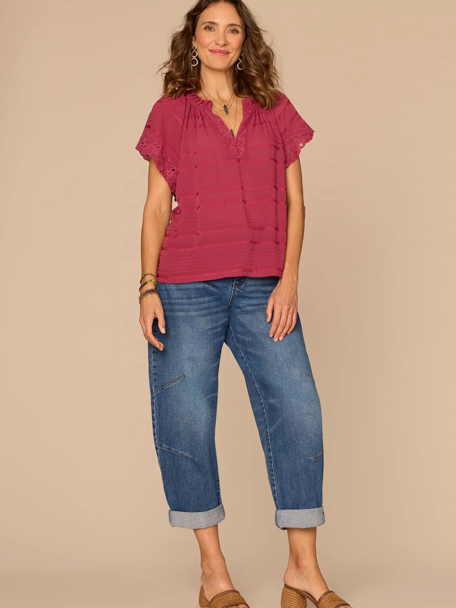 Short Sleeve Ruffle Split Neck Embroidered Petite Woven Top