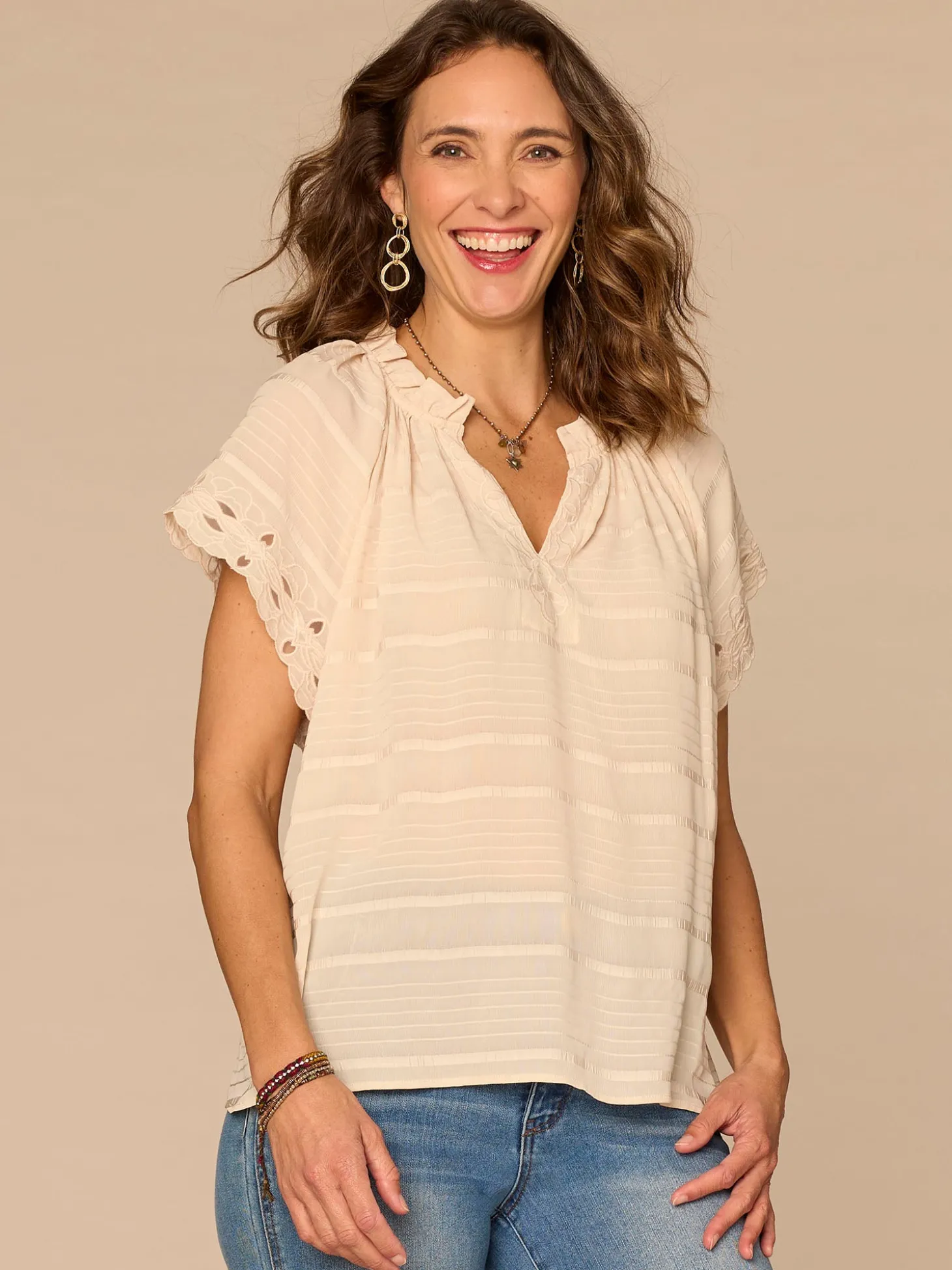Short Sleeve Ruffle Split Neck Embroidered Petite Woven Top