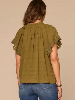 Short Sleeve Ruffle Split Neck Embroidered Petite Woven Top