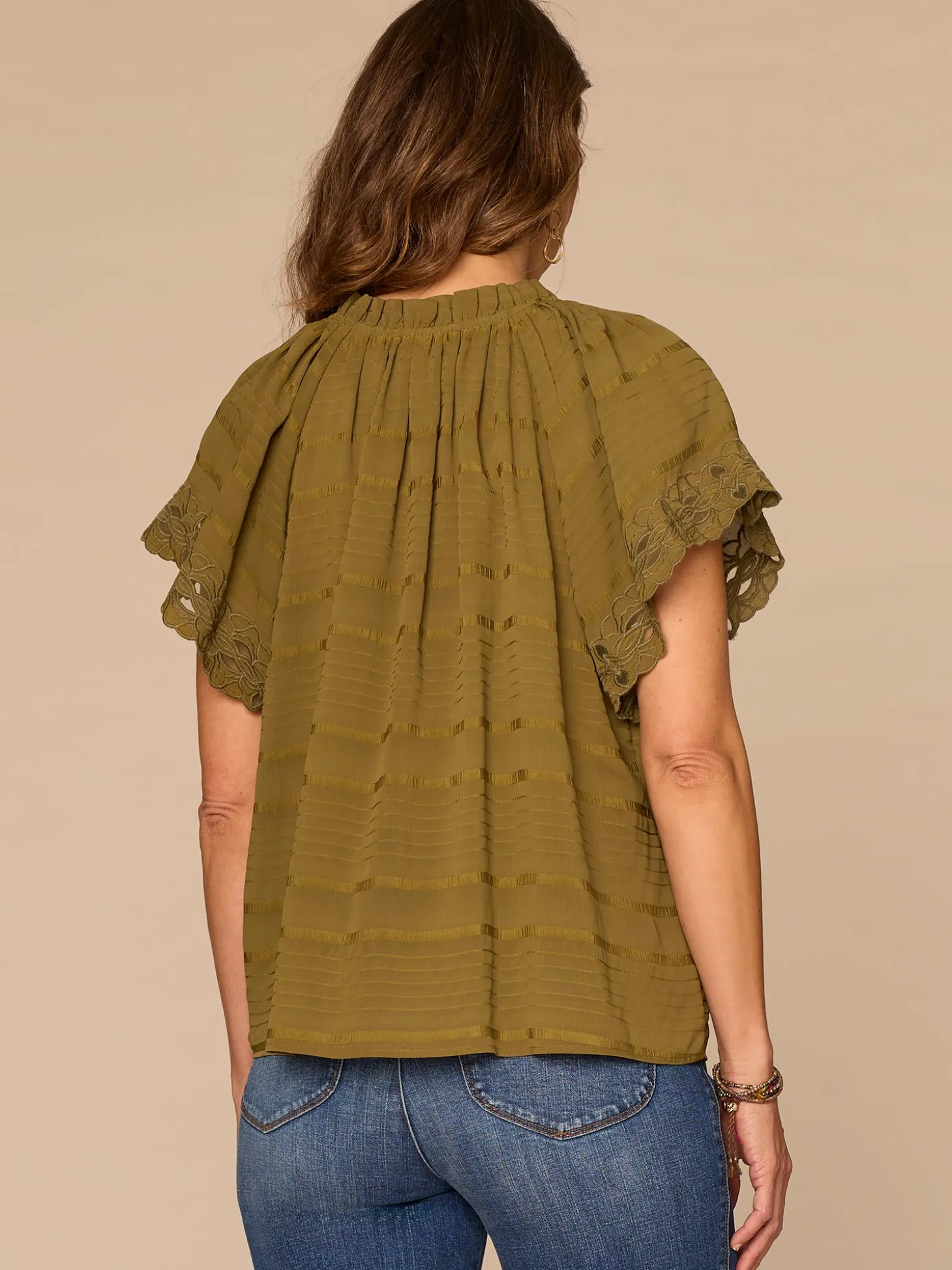 Short Sleeve Ruffle Split Neck Embroidered Petite Woven Top