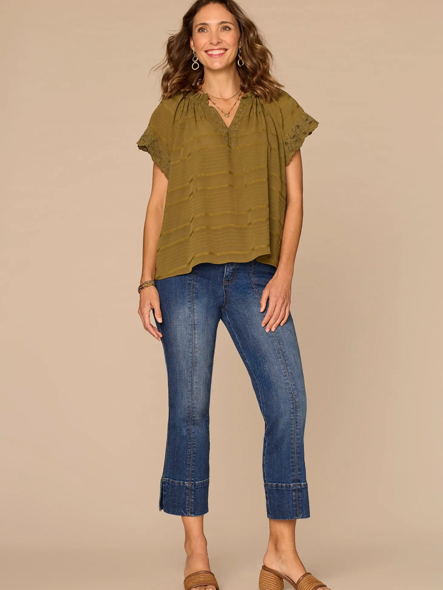 Short Sleeve Ruffle Split Neck Embroidered Petite Woven Top