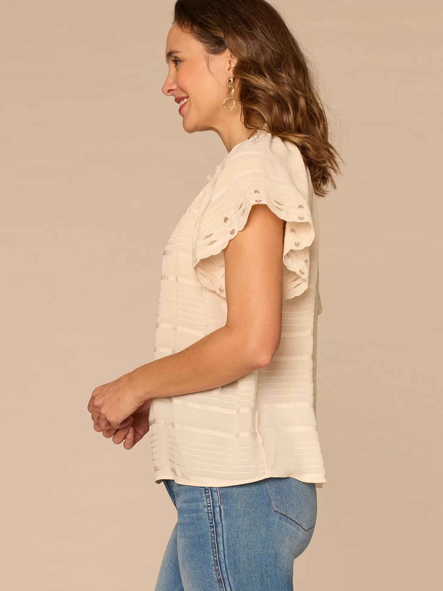 Short Sleeve Ruffle Split Neck Embroidered Petite Woven Top