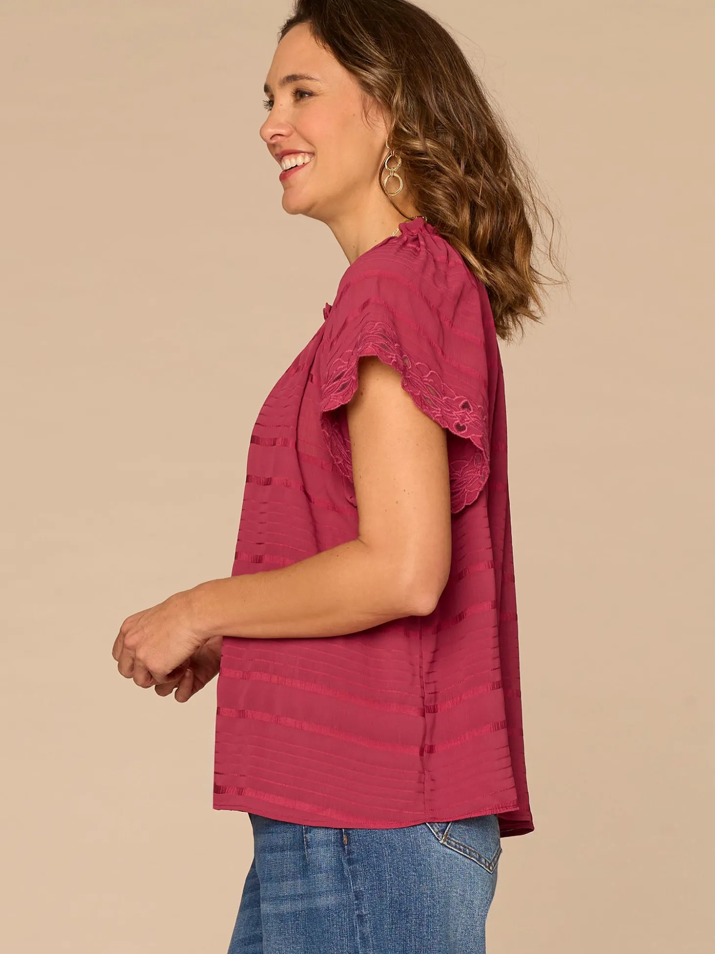Short Sleeve Ruffle Split Neck Embroidered Petite Woven Top