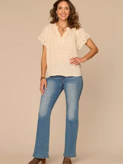 Short Sleeve Ruffle Stand Collar Split Neck Embroidered Woven Top