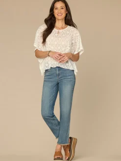 Short Sleeve Scoop Neck All Over Lace Petite Knit Poncho