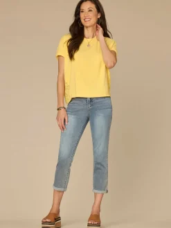 Short Sleeve Scoop Neck Hi-Low Hem Mixed Media Knit Top with Lace Back