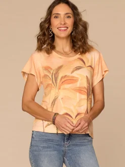 Short Sleeve Scoop Neck Palm Tree Print Petite Knit Boyfriend Tee