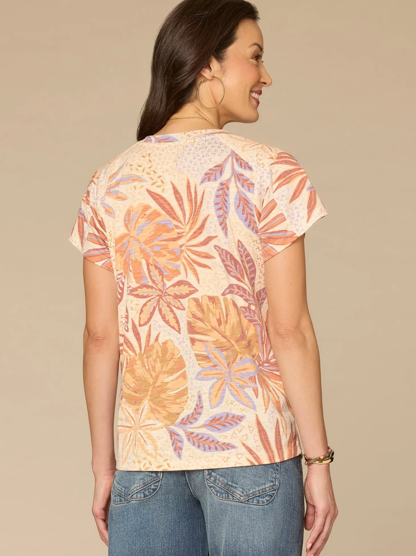 Short Sleeve Scoop Neck Placement Print Petite Knit Boyfriend Tee