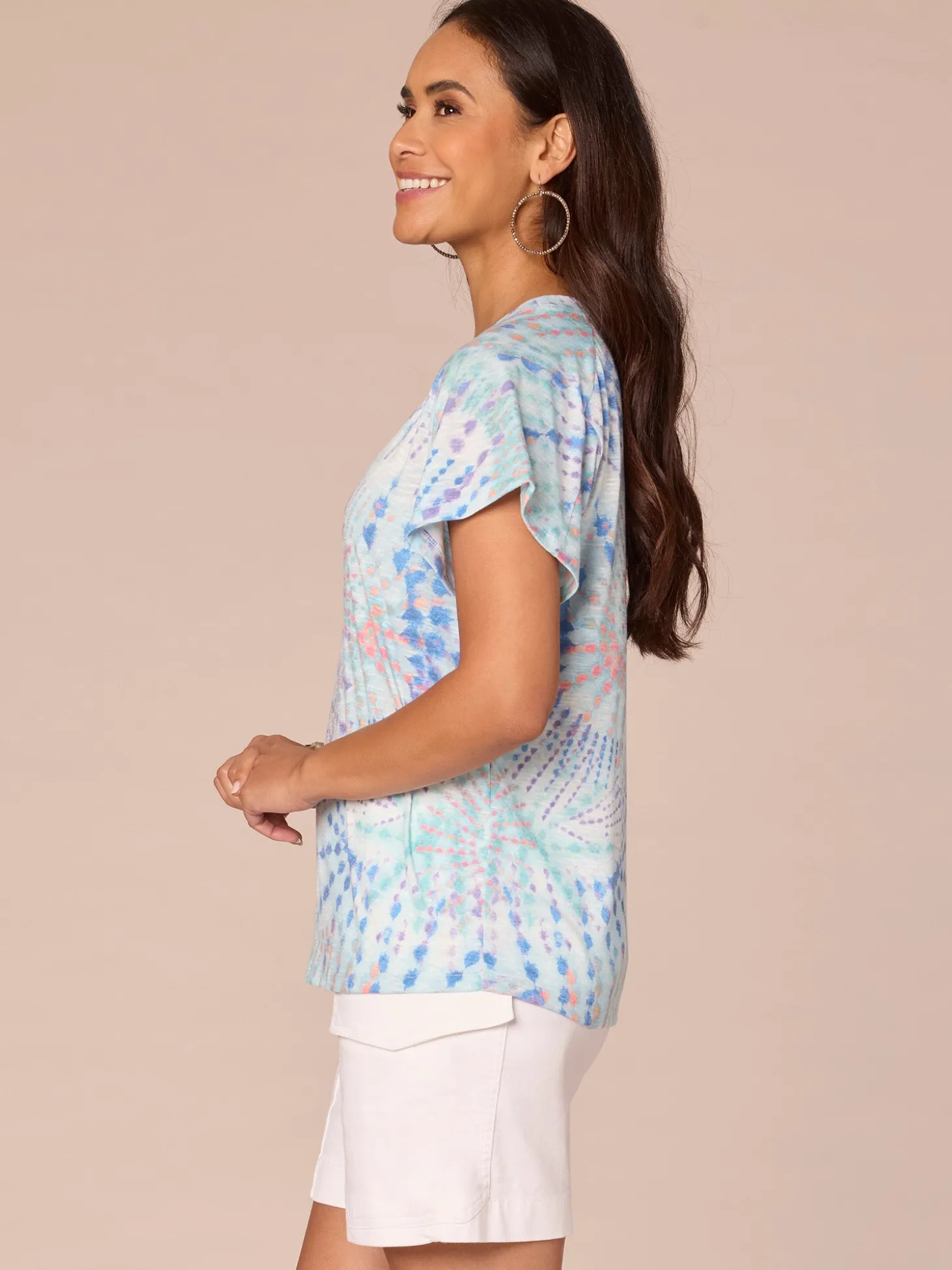 Short Sleeve Scoop Neck Placement Print Petite Knit Boyfriend Tee