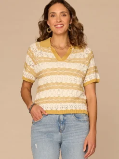 Short Sleeve V-Placket Novelty Stitch Stripe Petite Sweater Polo Top