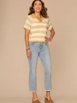 Short Sleeve V-Placket Novelty Stitch Stripe Petite Sweater Polo Top