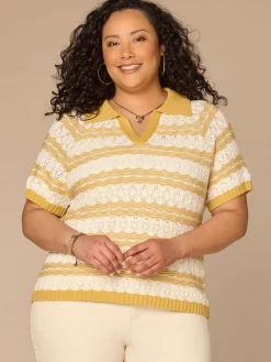 Short Sleeve V-Placket Novelty Stitch Stripe Plus Size Sweater Top