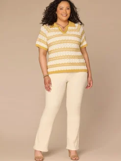 Short Sleeve V-Placket Novelty Stitch Stripe Plus Size Sweater Top