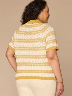 Short Sleeve V-Placket Novelty Stitch Stripe Plus Size Sweater Top
