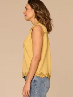 Sleeveless Collared Scallop Embroidered Detail Half Placket Woven Top