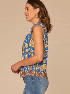 Sleeveless Collar Neck Half Placket Printed Petite Woven Top