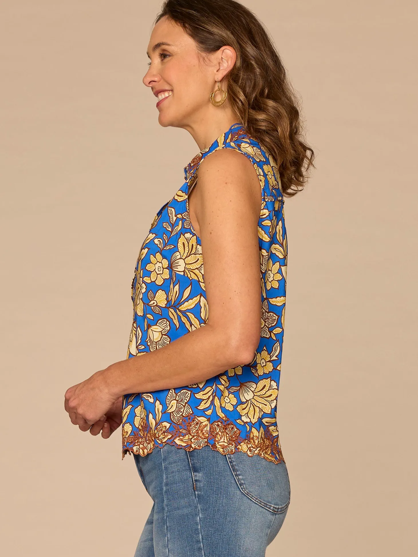 Sleeveless Collar Neck Half Placket Printed Petite Woven Top