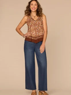 Sleeveless Deep V-Neck Hanky Hem Placement Border Print Knit Tank Top