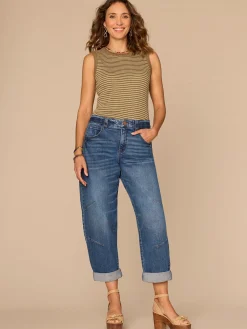 Sleeveless Embroidered Crew Neck Keyhole Back Striped Knit Tank Top