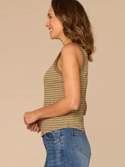 Sleeveless Embroidered Crew Neck Keyhole Back Striped Knit Tank Top