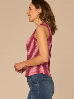 Sleeveless Embroidered Crew Neck Keyhole Back Striped Knit Tank Top