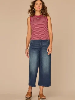 Sleeveless Embroidered Crew Neck Keyhole Back Striped Knit Tank Top