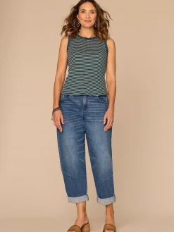 Sleeveless Embroidered Crew Neck Keyhole Back Striped Knit Tank Top