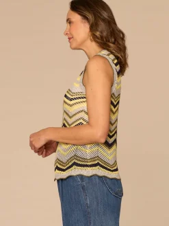 Sleeveless Round Neck Metallic Chevron Stripe Open Work Sweater Top