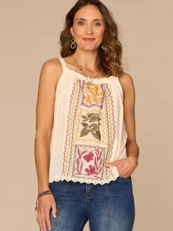 Sleeveless Ruched Square Neck Embroidered Petite Woven Tank Top