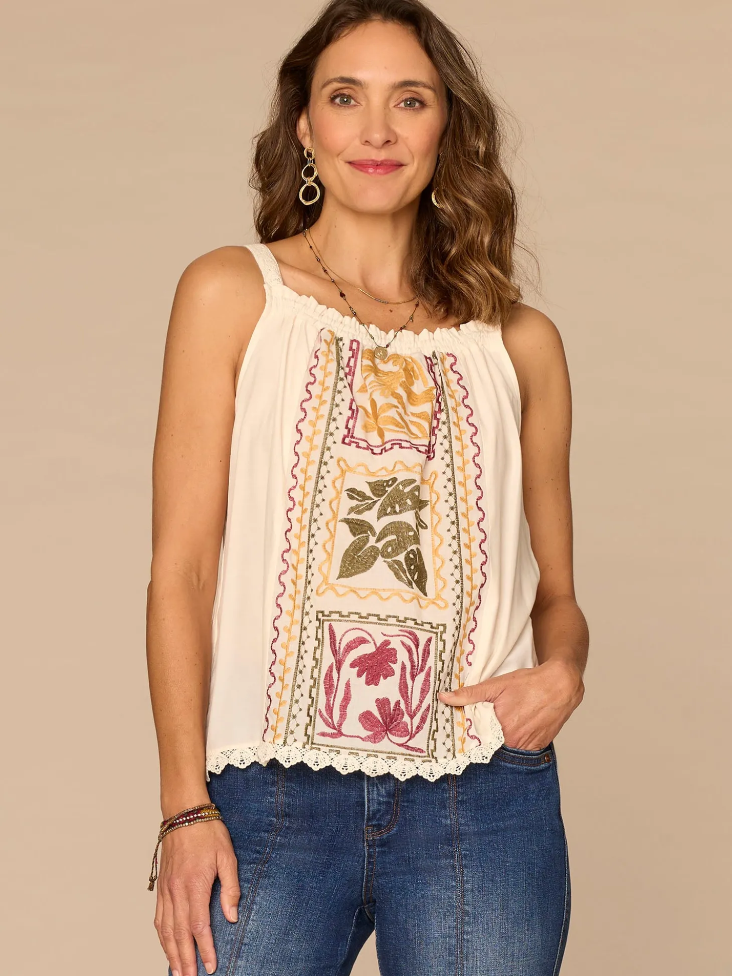 Sleeveless Ruched Square Neck Embroidered Woven Tank Top