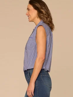 Sleeveless Smocked Collar Button Down Placket Striped Woven Shirt